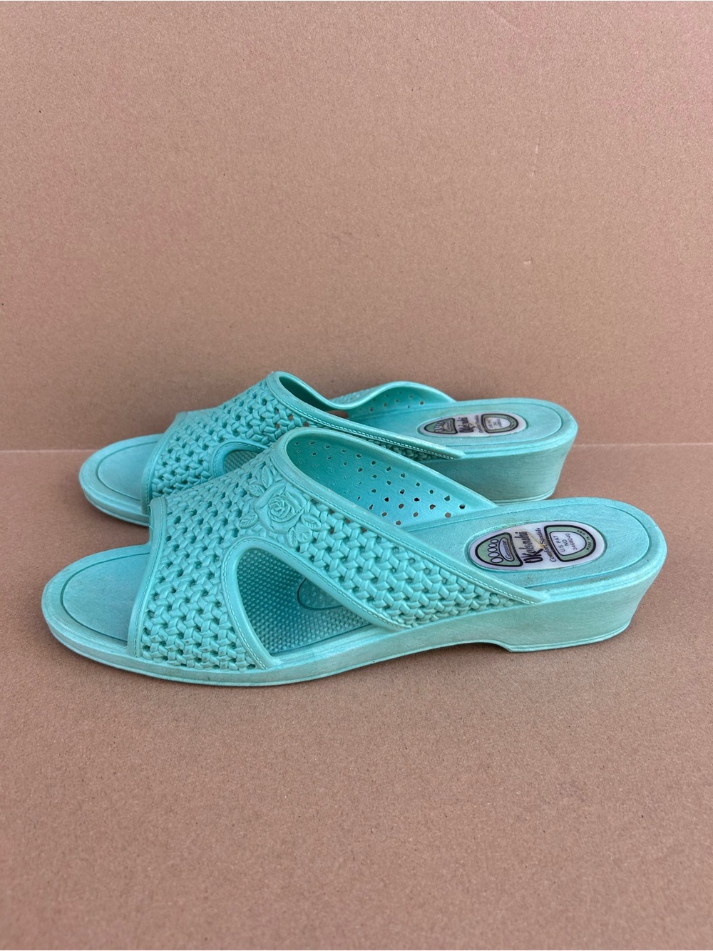 VTG Okabashi Wedges Slide Sandals Low Heels Comfort Mint Green Sz Large Slip on